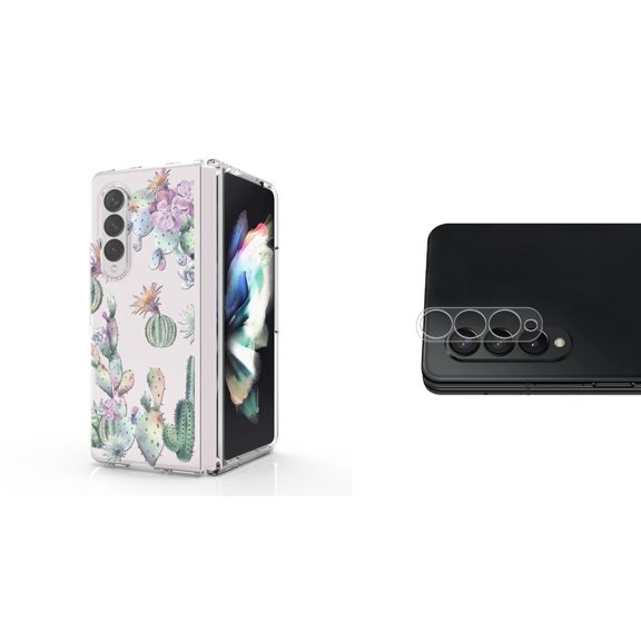 Accessory Bundle for Galaxy Z Fold 4: Slim Snap-On Case (Watercolor Cactus), Rear Camera Glass Protector