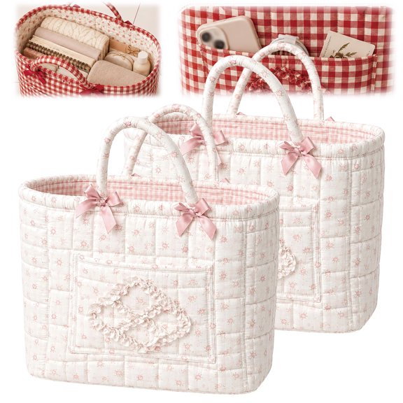 Quilted Cotton Gingham Storage Tote Bag, Foldable & Spacious Design, Multi Purpose Organizer for Home Picnic Shopping Travel