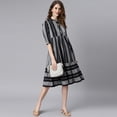 thumbnail image 3 of Janasya Chinese Neck 3/4 Sleeve Striped Black Cotton Western Dress For Women,Summer Dress/Summer Wear, 3 of 7