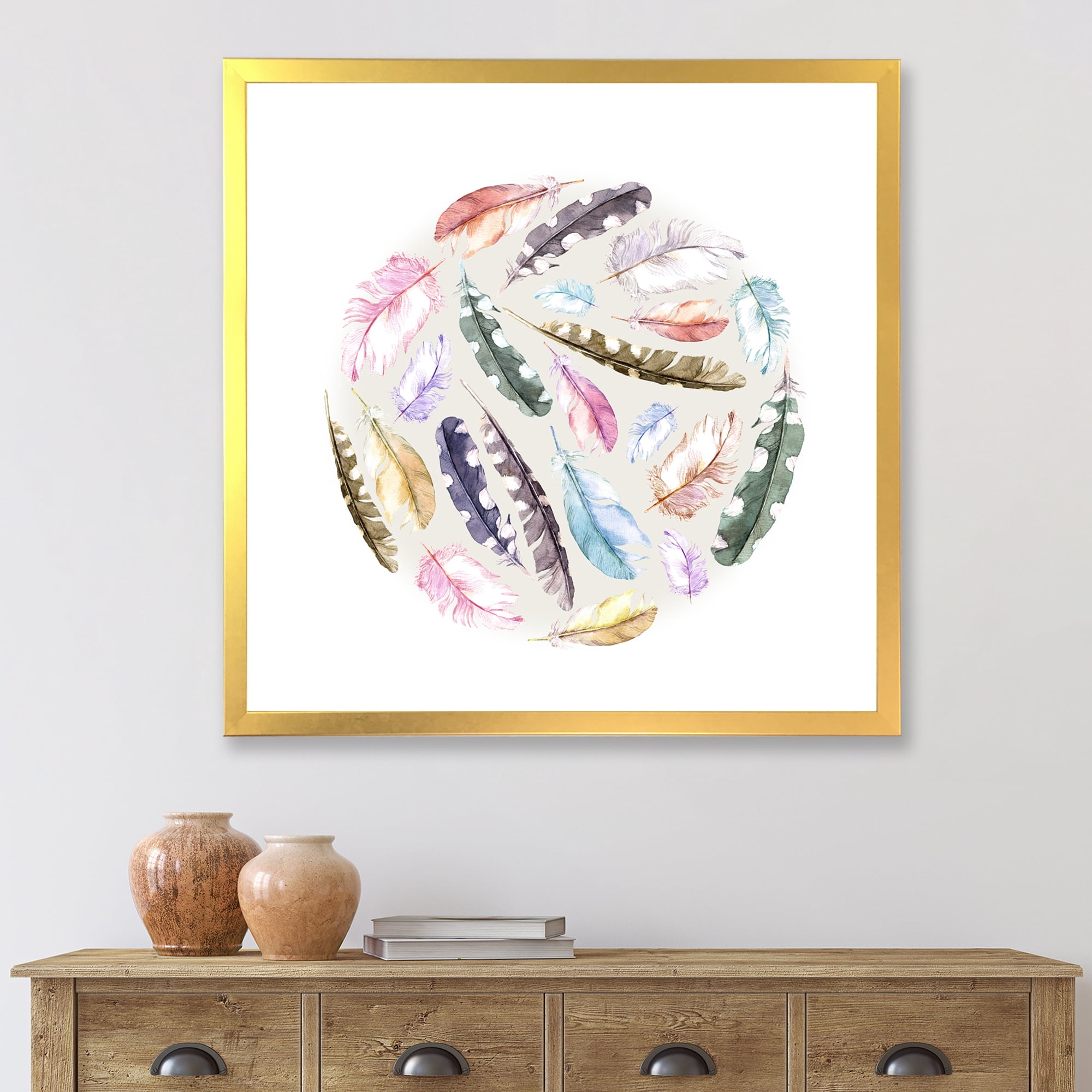 Designart 'Ancient Bird Feathers In Circle' Traditional Framed Art Print