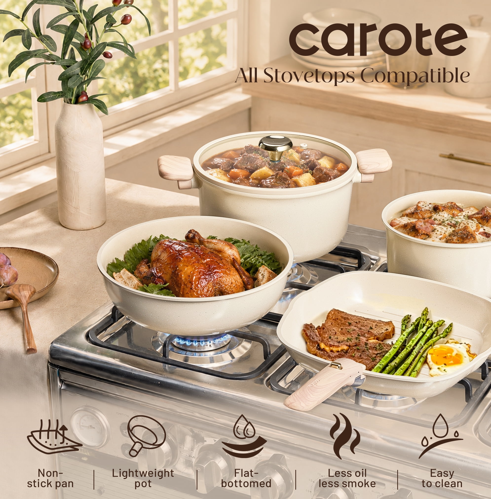 Carote 24-Piece Detachable Cookware Set, Khaluna Cream White, Ceramic Nonstick, Made Without Intentionally Added PFAS
