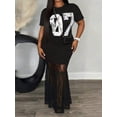 thumbnail image 4 of Black Plus Size Maxi Dress With Numeric 07 Print And Lace Hem Street Casual Round Neck Short Sleeve, 4 of 8