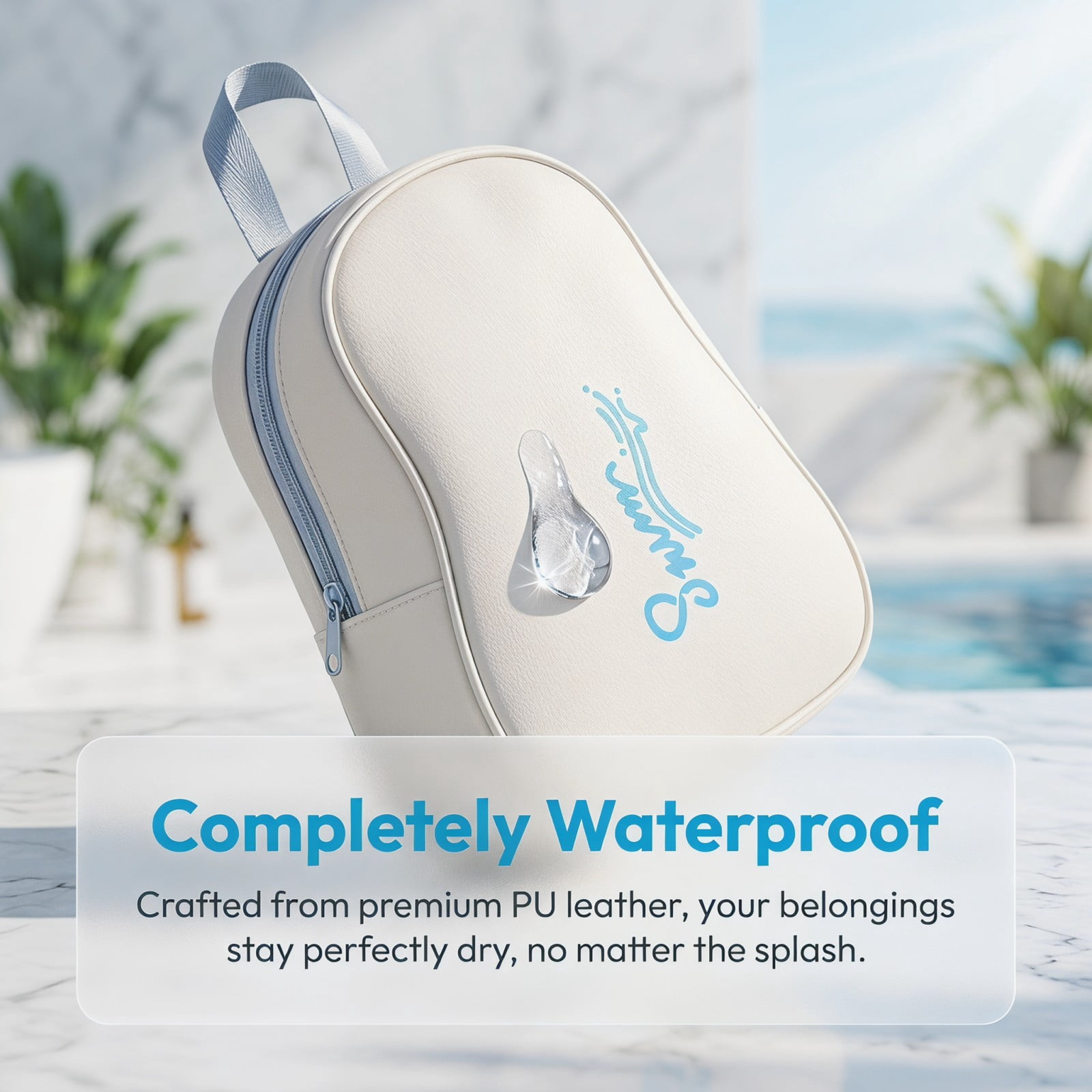 Dry Wet Departed Swim Bag, Waterproof PU Leather Sports Tote with Expandable Bottom, Large Capacity Gym Duffle for Pool, Beach and Outdoor Fitness, Pearl Alabaster