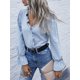 thumbnail image 3 of Blusa de mujer con volantes, cuello en V, abotonado, camisa de manga larga con puño delantero, Tops Abanopi Azul/Extragrande, 3 of 7