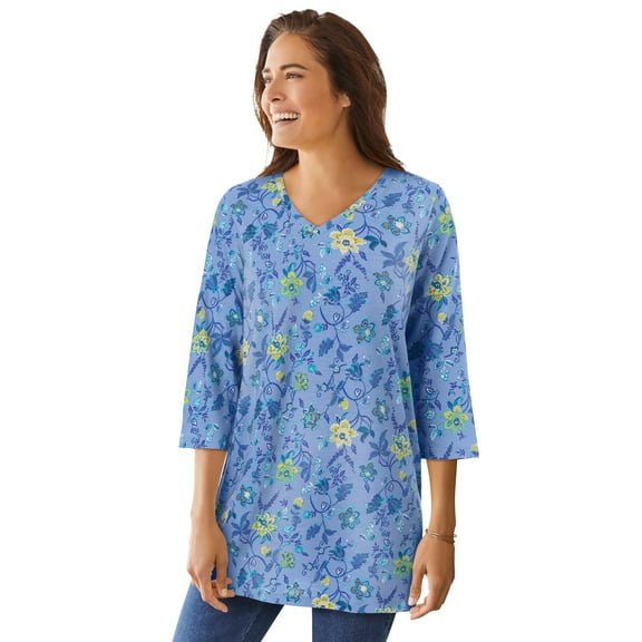 Woman Within Plus Size Perfect Printed Three-Quarter-Sleeve V-Neck Tunic