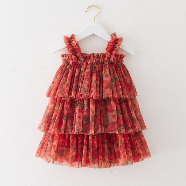 Robe Fille Sans Manches à Volants en Tulle Robe d'Été Fille Robe d'Anniversaire Fille Tenue Bébé Fille 5-6 Ans