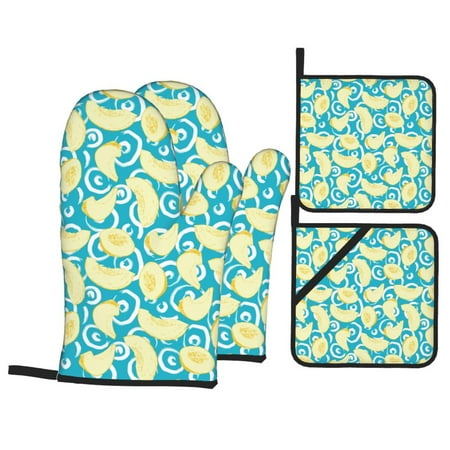 

Oven Mitts and Pot Holders Sets 4 pcs - Cute Texture Cantaloupe Heat Resistant Silicone Oven Gloves with Non-Slip Silicone Surface and hot pads for kitchen Baking Cooking BBQ