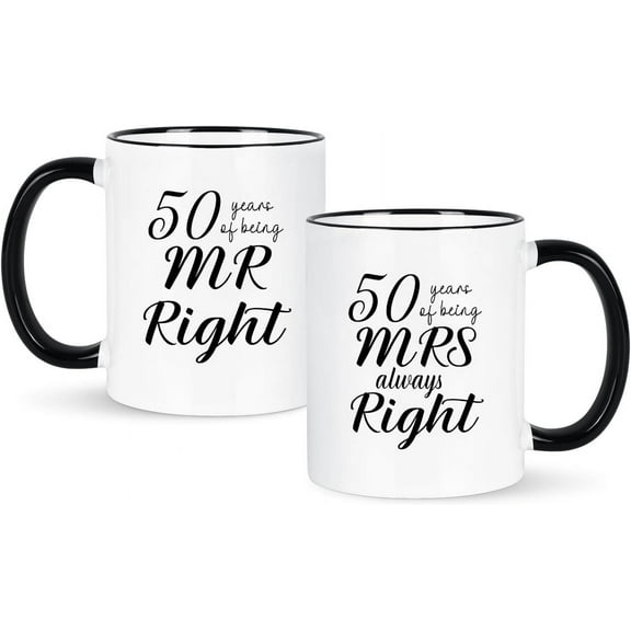 50Th Wedding Gifts, 50 Years Of Being Mr & Mrs Always Right Mug Set, Best 50Th Wedding Gifts Ideas For Parents Couple, White With Black Handle 11 Oz