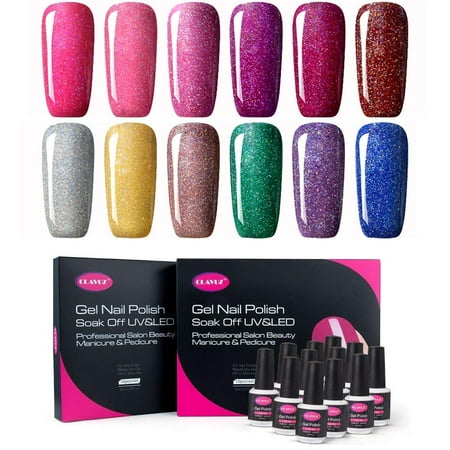 Nail Art Craft Kit CLAVUZ Gel Nail Polish Kit Soak Off UV LED 12pcs Neon Bling Nail Varnish Fashion Shimmer Nail Art Manicure Pedicure Decor Gift Set,8ML Long Lasting Varnish ()