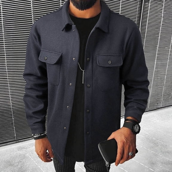 LYSMORA Men's Snap Button Trucker Shacket Lapel Collar Long Sleeve Shirt Jacket with Dual Chest Pockets Relaxed Fit Outerwear for Fall Winter Outdoor