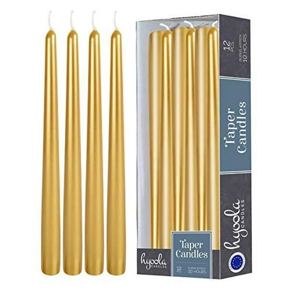 Hyoola 12" Metallic Gold Dripless European Made Taper Candles, Unscented Paraffin Wax with Cotton Wicks, 12-Pack