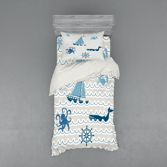 Ambesonne Cartoon Bedding Set 3 Pcs, Ship Whale Waves, Twin XL, Beige Blue White