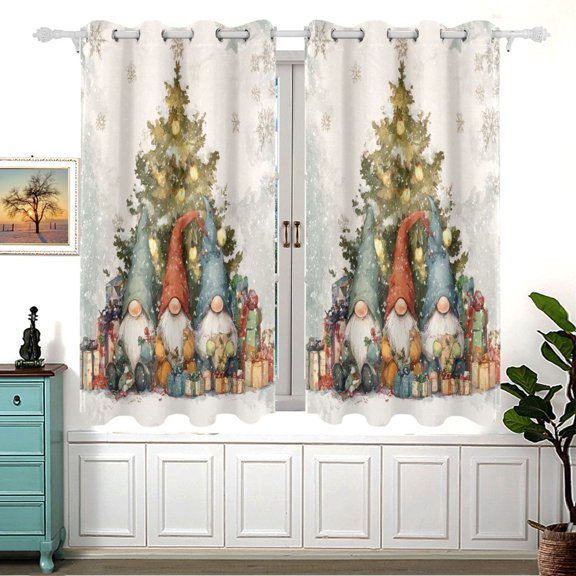 Gnomes Sitting in Front Christmas Tree Retro Window Curtains Drapes with Grommets Light Filtering 2 Panels 54" x 55"