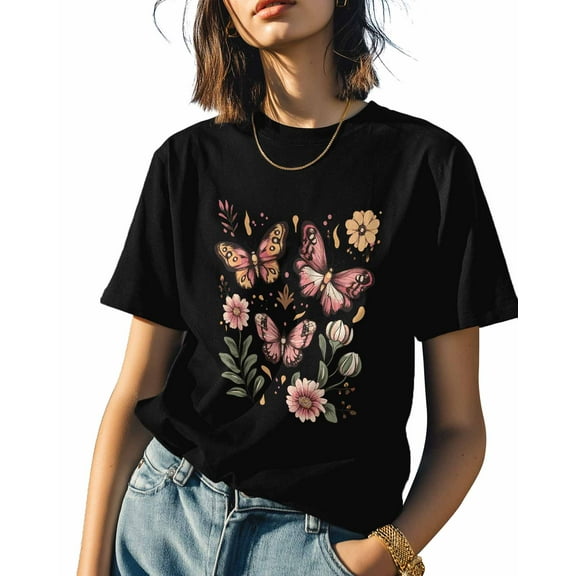 Boho Flowers Butterfly Womens Tshirt Graphic Tees Cotton Crew Neck T-Shirts, Casual Short Sleeve Shirts for Women Teen Girl