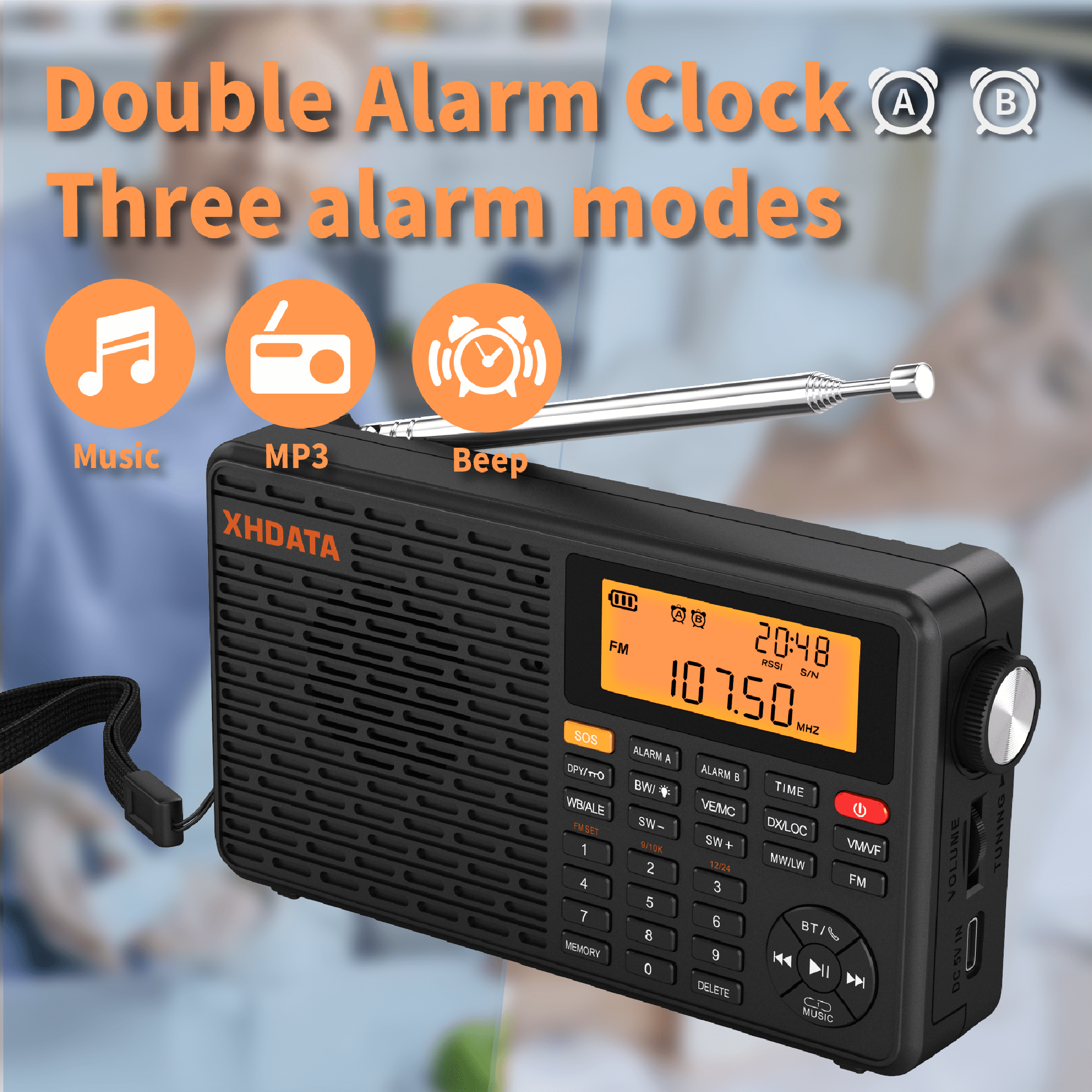 XHDATA d-109wb FM/MW/LW/SW/NOAA Global Band Emergency Radio with  Bluetooth MP3 Music player,TF card, LCD Backlight,SOS
