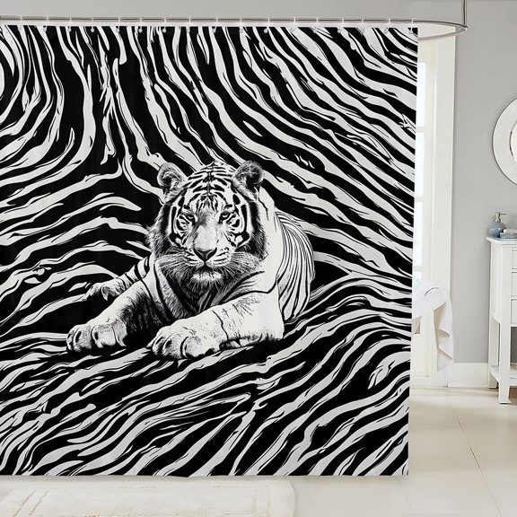 Manfei Graffiti Tiger Shower Curtain 72Wx72L, Abstract Zebra Print Bathroom Curtain, White Gray