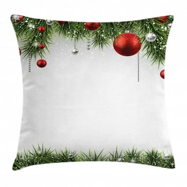 Christmas Decorations Throw Pillow Cushion Cover, Classical Christmas Ornaments and Baubles Pine Tree Twig Tinsel Print, Decorative Square Accent Pillow Case, 24 X 24 Inches, Green Red, by Ambesonne