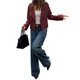 thumbnail image 3 of Abrigo Corto de Mujer, Estilo Gabardina, Informal, Cruzado, Chaqueta Corta, Prenda de Abrigo de Moda para Otoño con Cinturón Rojo Vino L, 3 of 8