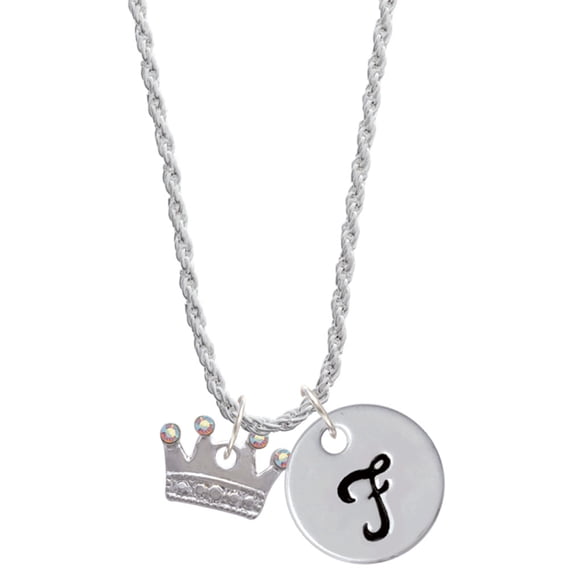 Delight Jewelry Silvertone Crown with Crystals and Textured Bottom Silvertone Script Initial Disc - F - Charm Necklace, 20"+3"