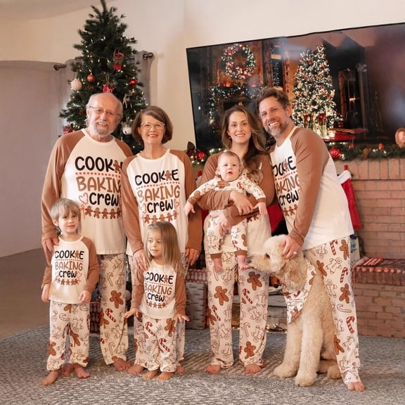 Yuaguia Brown Matching Family Christmas Pajamas Sets, Cookie Baking Crew Lettering Graphic Tops, Raglan Long Sleeves Gingerbread Candy Cane Pants Sleepwear for Women, Men, Kids, Baby, Toddler