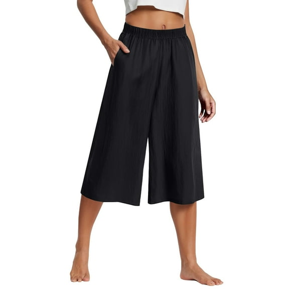 Nokdvo Pedal Pushers for Women Linen Capri Pants Trendy Summer Knee Length Elastic Waist Comfy Shorts Dressy Casual Linen Capris with Pockets Black 3XL