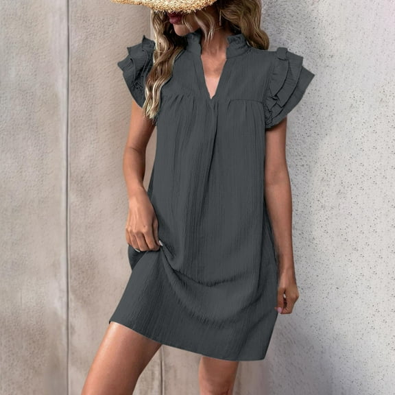 OSFVNOXV Womens Summer Dresses 2025 Ruffle Cap Short Sleeve V Neck Mini Dress Casual Loose Solid Flowy Cute A Line Sundress