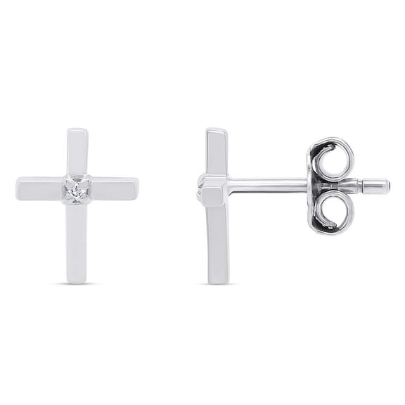 AFFY Cross Stud Earrings for Women Round Cut Lab Created Moissanite Minimalist Dainty Push Back Earrings in 14K White Gold Plated 925 Sterling Silver Jewelry Gift for Her (0.02 Ctw)