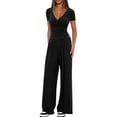 thumbnail image 2 of Womens V Neck Short Sleeve Top Wide Leg Pants Casual Comfortable Outfit Set Two Piece Black [Short Sleeve] XL, 2 of 5