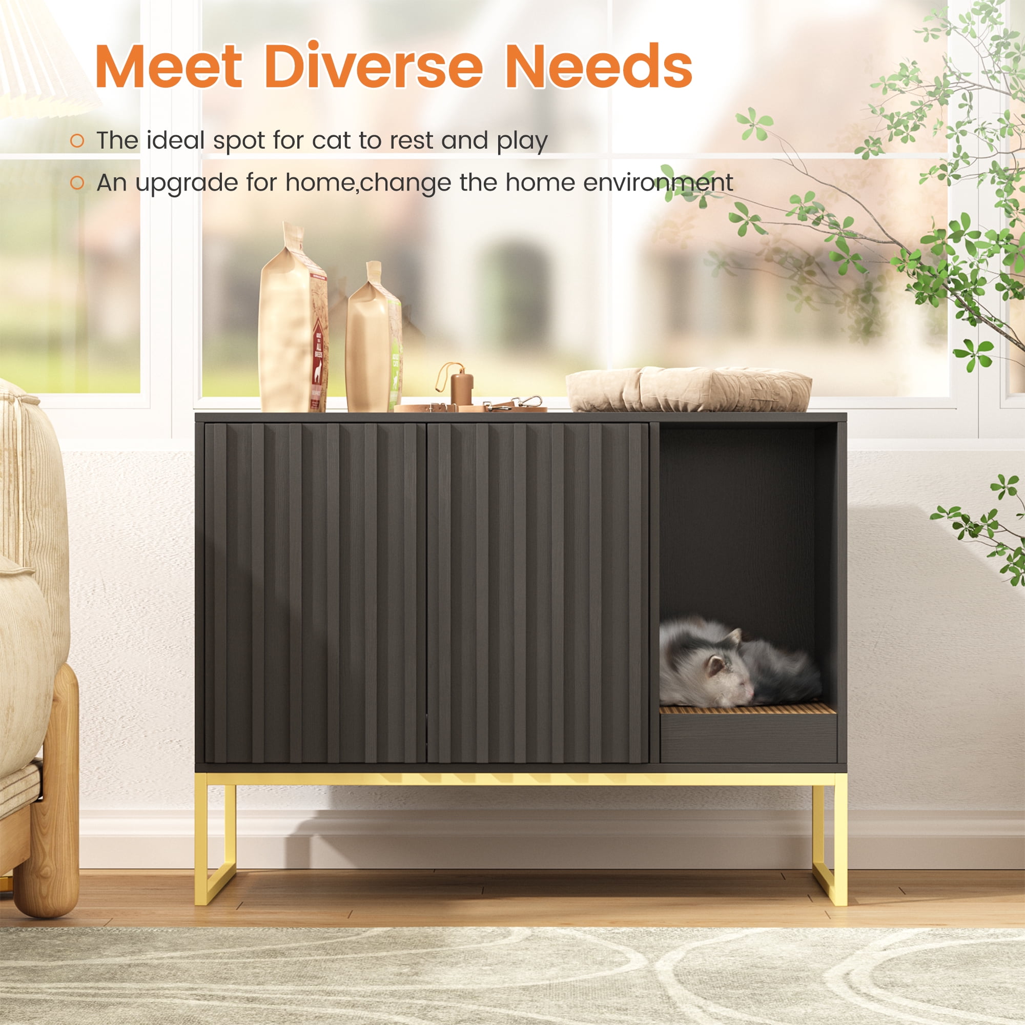 Veanerwood Fienveorn Litter Box Enclosure,Modern Cat Litter Box Enclosure Furniture Hidden Litter Box with Cat Scratch Pad, Cat Washroom Cat House End Table, Entryway Bench for Livingroom (Black)
