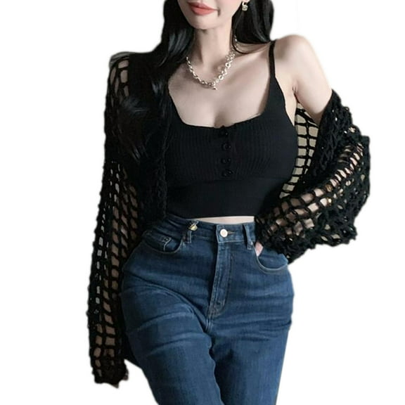 SDFGTstore Womens Hollow Out Crochet Solid Color Long Sleeve Sweaters Cardigan Button Front Rib Knit Cami Crop Top