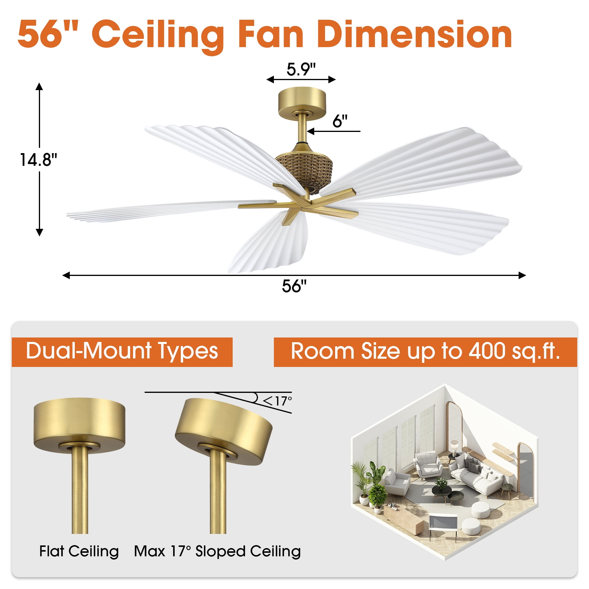 Parrot Uncle 56" Outdoor IP66 Waterproof Tropical Palm Leaf Ceiling Fan with Remote Control, 6-Speed DC Motor, No Light, White ABS Blades