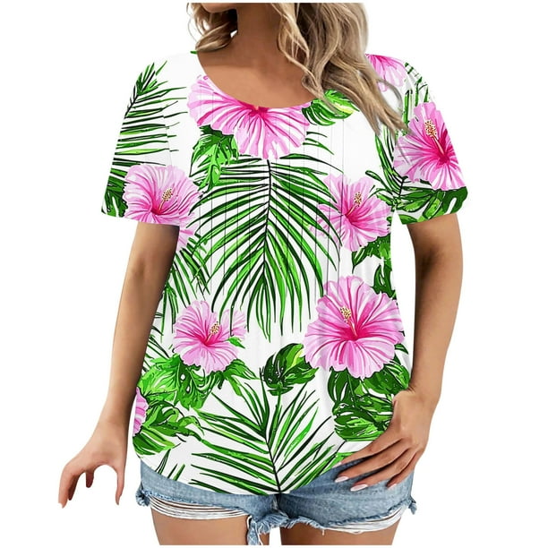 Mujeres Más Tamaño Manga Corta Tops, Moda Impresión Cuello Redondo, Camiseta Más Tamaño Blusa