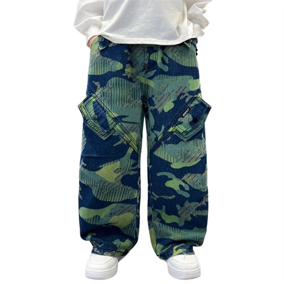 Xijirk Girls Casual Long Pants Print Loose Straight Wide Leg Denim Style Trousers for Kids,9-10 Years