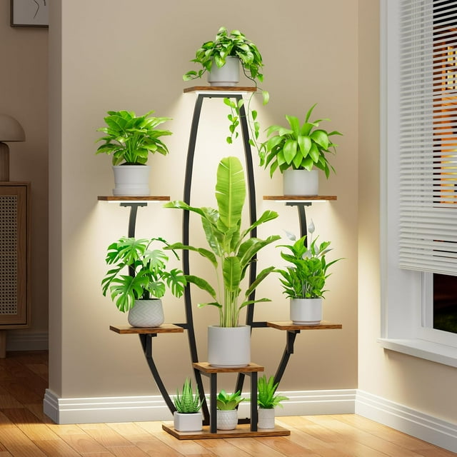 Plant Stand Indoor with Grow Lights - ed Large Plant Shelf ; Corner Shelf for Indoor Plants Multiple Metal Flower Holder Curved Display Rack for Living Room Home Decor Pat