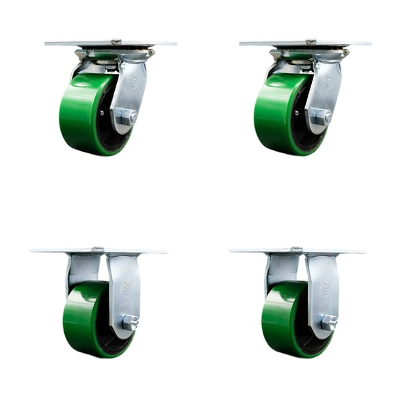 4 Inch Green Poly on Cast Iron Caster Set with Roller Bearings 2 Swivel 2 Rigid