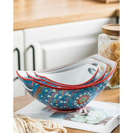Bohemian Porcelain Serving Bowls with Handles, Set of 3, 15/28/49 oz, Colorful Nesting Bowls for Kitchen, Thanksgiving,