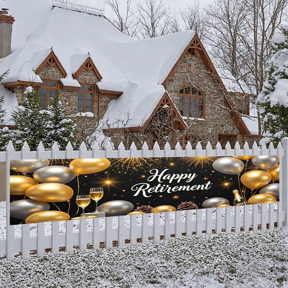 Golden Silver Design Retirement Banner Sparkling Stars Happy Retirement Display Champagne Glass Elements Elegant Farewell Backdrop for Retirement Party Farewell Celebration Office Retirement