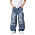 thumbnail image 2 of BOOMNY Toddler Boys Ripped Distressed Jeans Elastic Waist Solid Color Wide Leg Baggy Denim Pants With Pocket, Sizes 9-10 Years, 2 of 7
