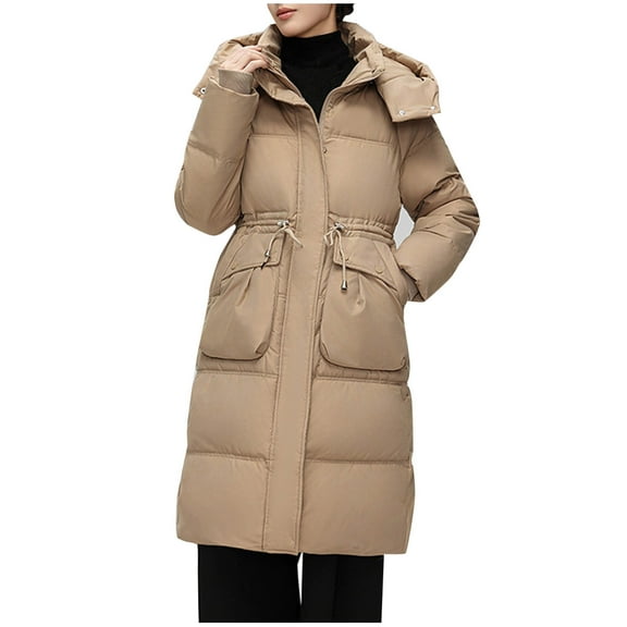 HAPIMO Women Long Quilted Coat Maxi Length Long Sleeve Puffer Jacket Solid Hooded Padded Coats Thick Warm Winter Outerwear Pockets Yellow M