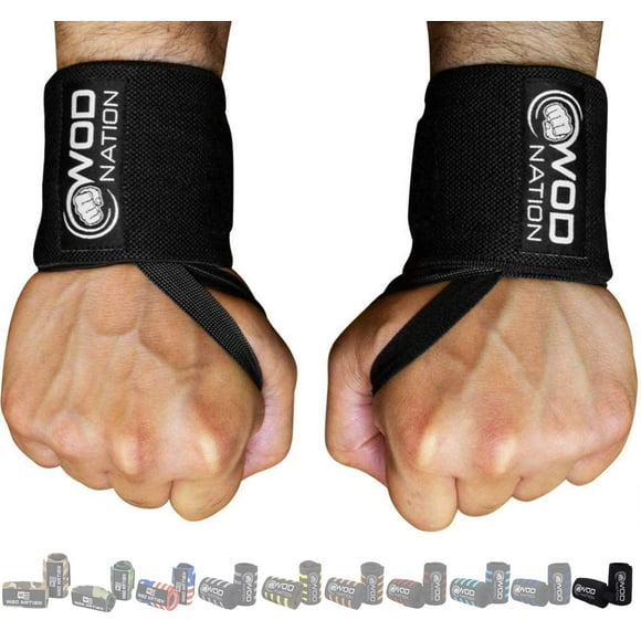 WOD Nation Bracelets de Poignet pour Musculation 12 Sangles de Poignet Professionnelles avec Boucle pour Hommes & Femmes Support de Poignet pour Entraînement de Force Powerlifting & Musculation (Noir)