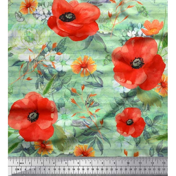 Soimoi Green Cotton Duck Fabric Leaves & Floral Decor Fabric Printed BTY 42 Inch Wide