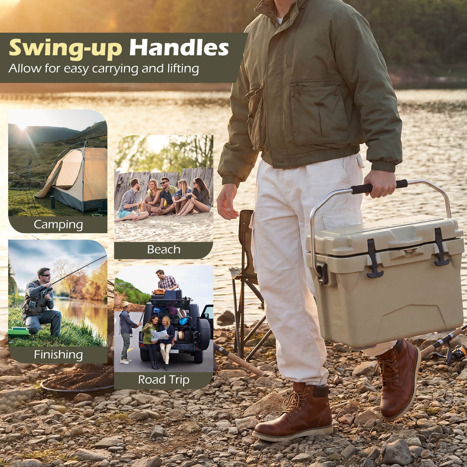 Costway 20 Quart Portable Hard Cooler Insulated Ice Chest Keeps Cool for up to 6 Days Khaki