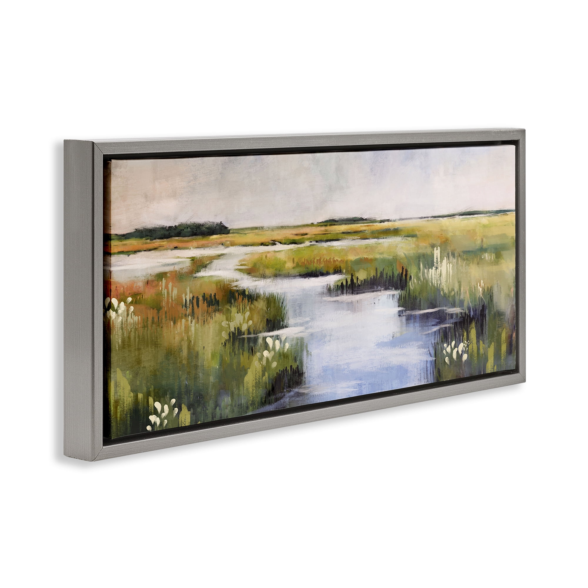 Stupell Industries River Through Marshlands Landscape & Nature Painting Gray Floater Framed Canvas Art Print Wall Art, 31 x 14