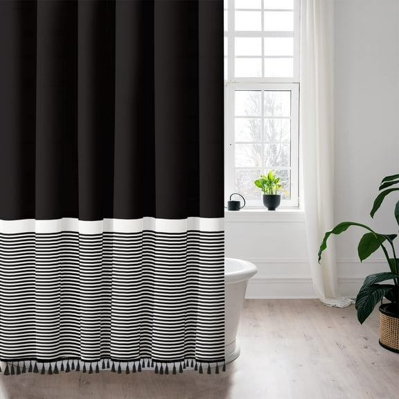 Seasonwood Black Shower Curtain White Striped with Black Tassels Polyester Bath Curtain with Hooks 72'' x 72'' Fabric