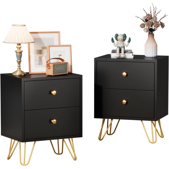 Nightstand Set of 2,  Night Stand with 2 Drawers, Modern End Table with Metal Legs and Gold Handles, Bedside Table for Bedroom, Hallway