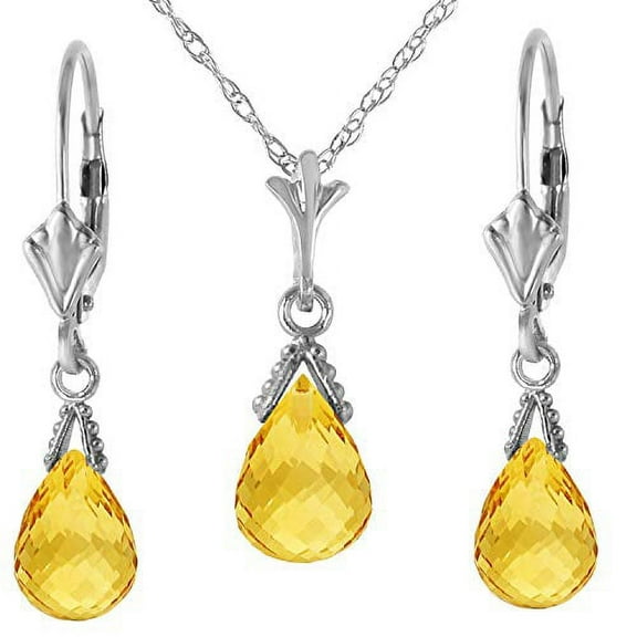 Galaxy Gold 14k White Gold Jewelry Set: Natural Briolette Citrine 18" Pendant Necklace and Dangle Earrings