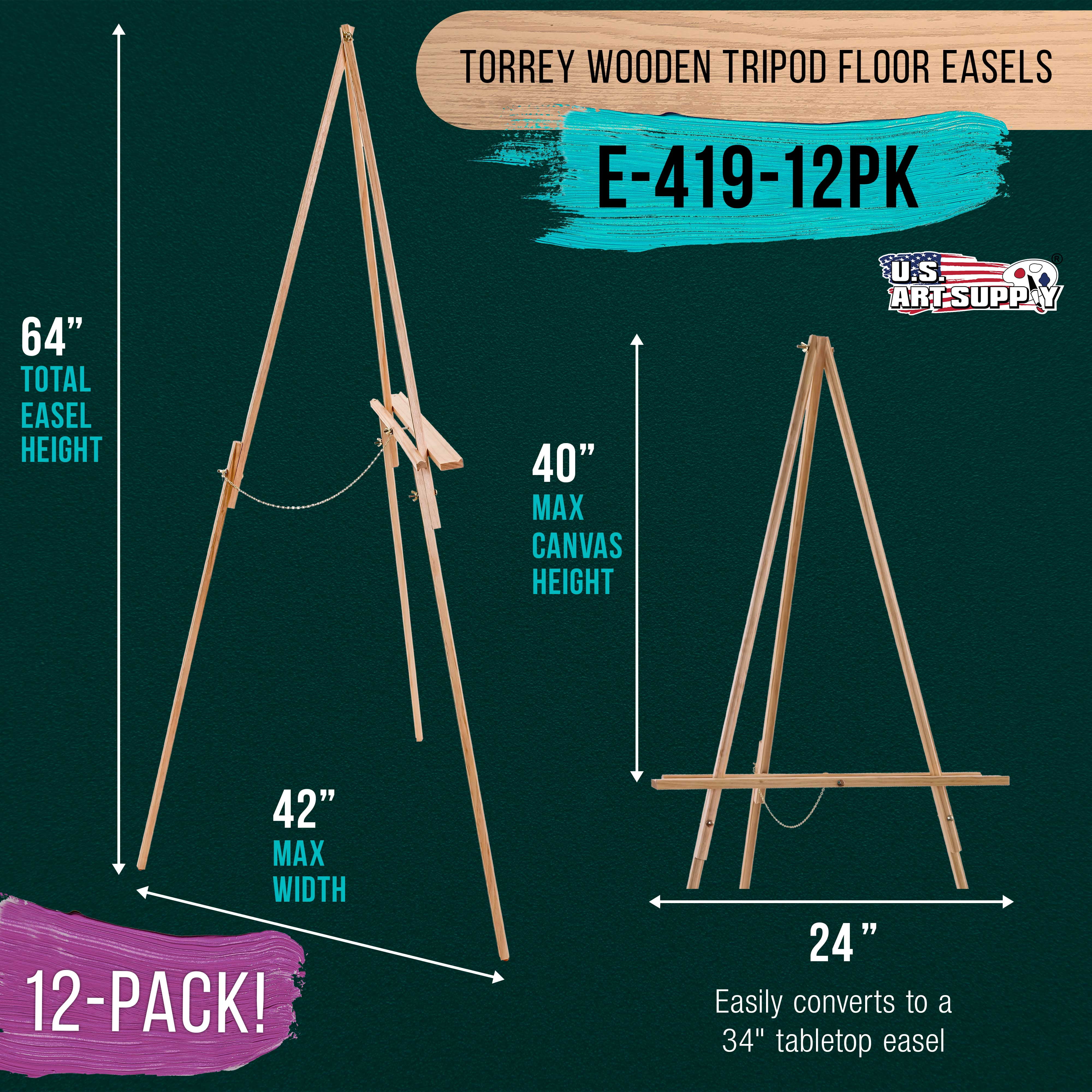 U.S. Art Supply 64" Torrey Wooden A-Frame Tripod Artist Floor Easel (Pack of 12), Adjustable Tray Height, Display Stand