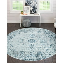 Rugs.com Monte Carlo Collection Rug – 7' Round Light Blue Medium Rug Perfect For Kitchens, Dining Rooms