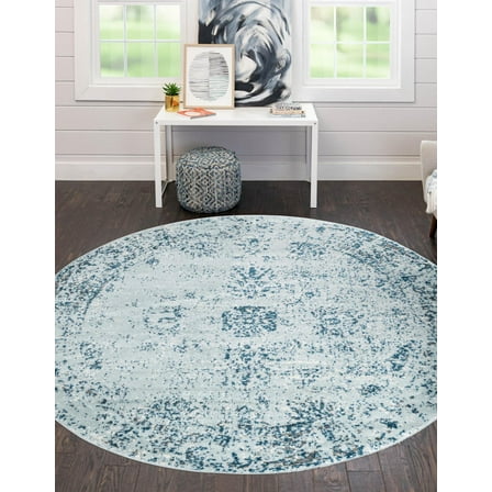 Rugs.com Monte Carlo Collection Rug – 7' Round Light Blue Medium Rug Perfect For Kitchens, Dining Rooms