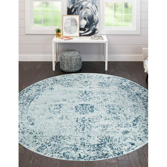 Rugs.com Monte Carlo Collection Rug – 7' Round Light Blue Medium Rug Perfect For Kitchens, Dining Rooms
